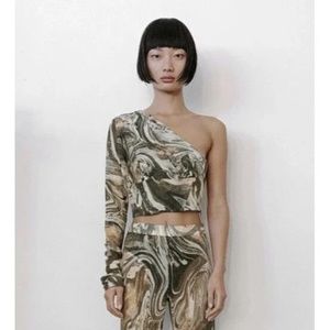 Zara Mesh Tulle One Shoulder Crop Top Abstract Print